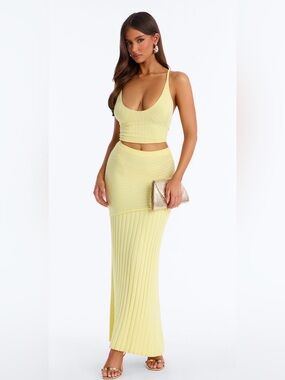 Fashion Nova Pale Yellow Ribbed Maxi Skirt Set